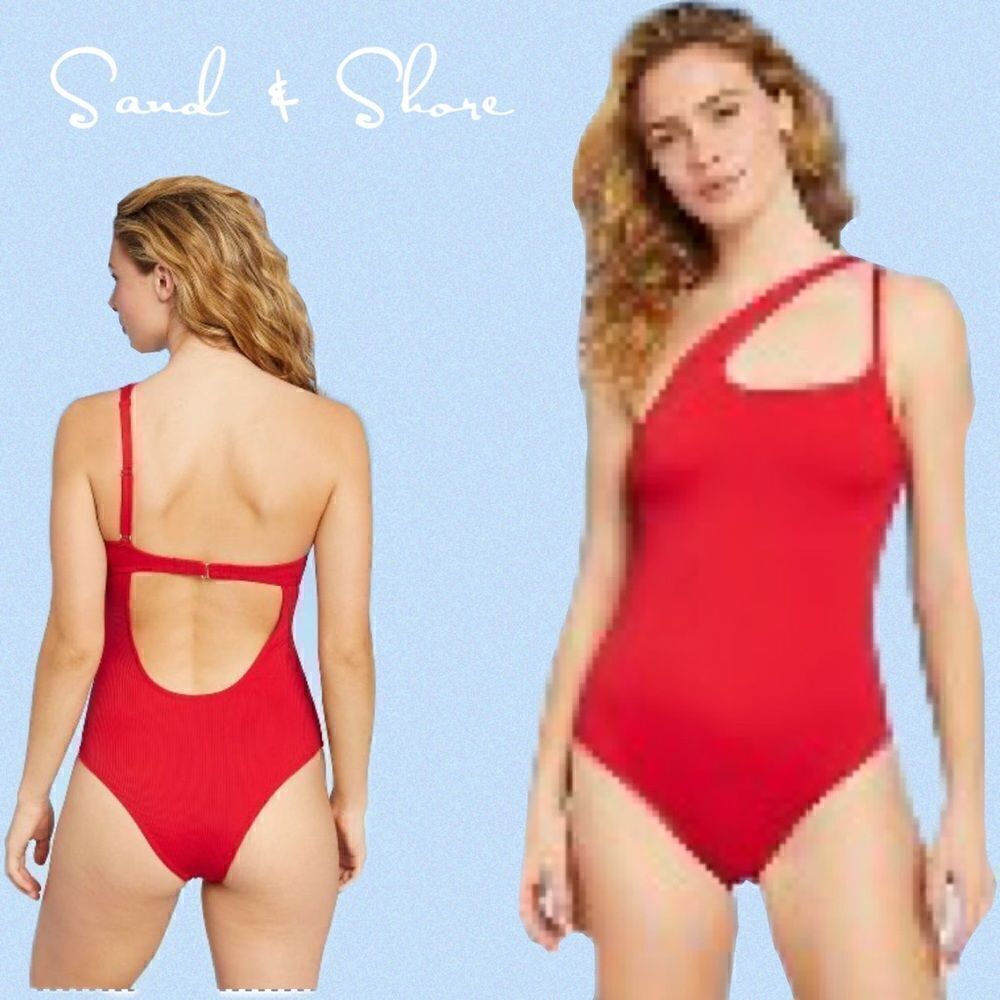 NWT Women's Ribbed Asymmetrical One Shoulder One Piece Swimsuit - Shade …